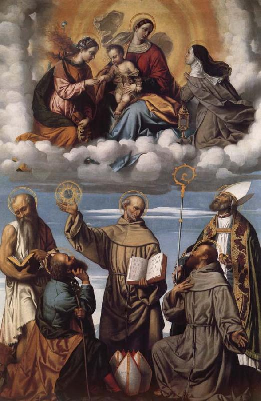 MORETTO da Brescia Saint Bernardino with Saints Jerome,Joseph,Francis and Nicholas of Bari,Virgin and Child in Glory with Saints Catherine of Alexandria and Clare